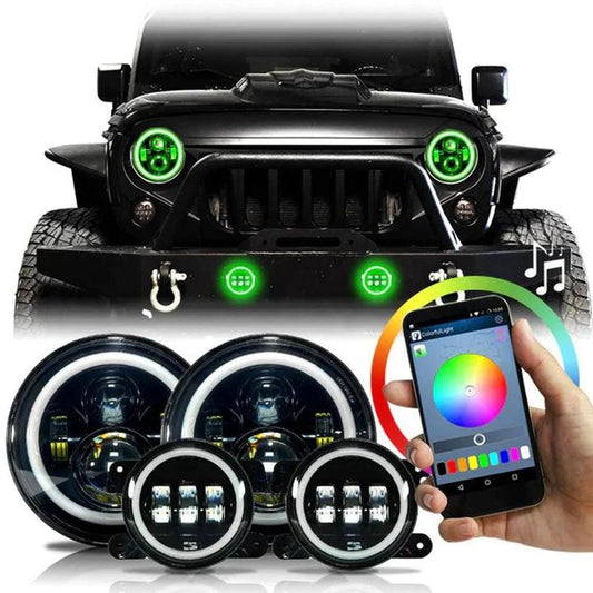 4-in-1 RGB 7 inch Round Led Headlights & 4 inch Fog Lights Offroad Color Changing DRL 7" LED Headlamps for Jeep Wrangler JK