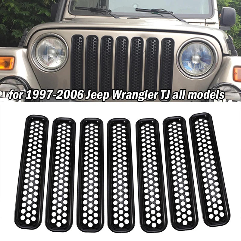 7 PCS Front Grille Trims Front Grill Hollow Protective Cover Kits for 1997-2006 Jeep Wrangler TJ