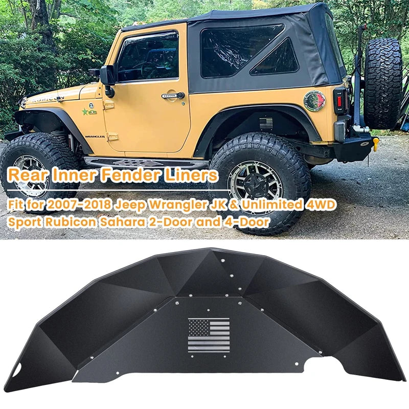 (US Flag Logo)  Rear Inner Fender Linersfor Jeep Wrangler 2007-2018 JK JKU 4WD Aluminum Lightweight Design Black Splash Guards