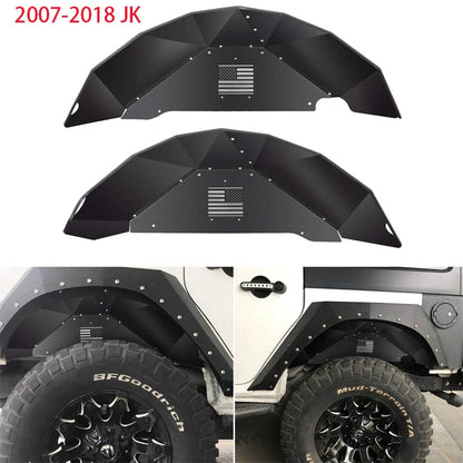 (US Flag Logo)  Rear Inner Fender Linersfor Jeep Wrangler 2007-2018 JK JKU 4WD Aluminum Lightweight Design Black Splash Guards